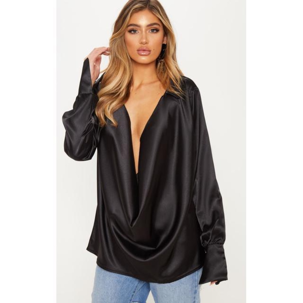 Black extreme cowl longline satin shirt
